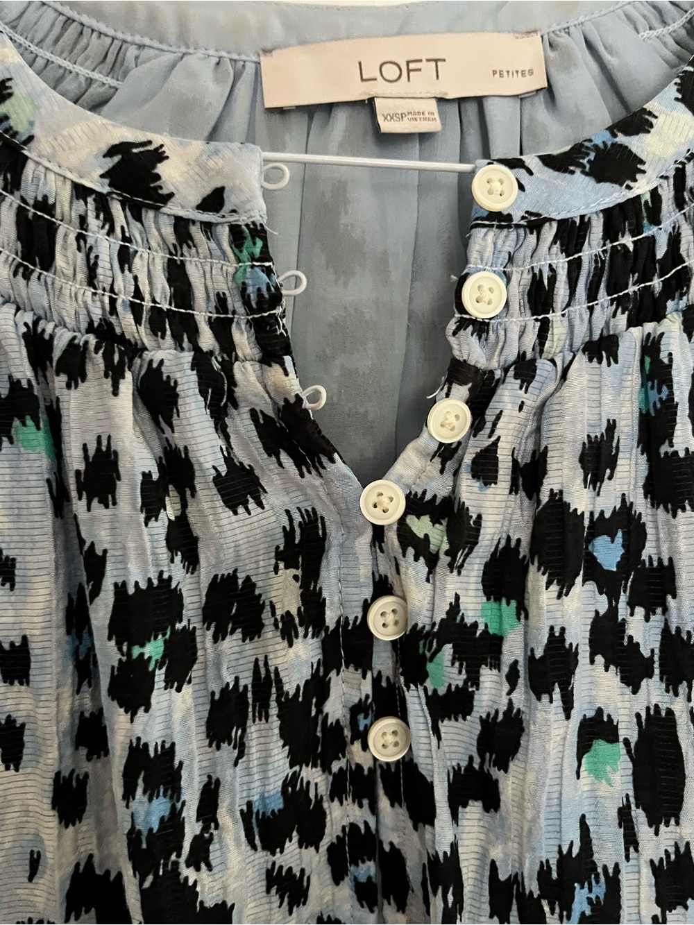 LOFT Blue and Black Leopard-Print Button Henley Blouse - Picture 5 of 7